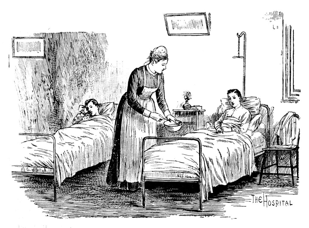 Das Bild zeigt eine alte Zeichnung von einer Krankenschwester am Bett